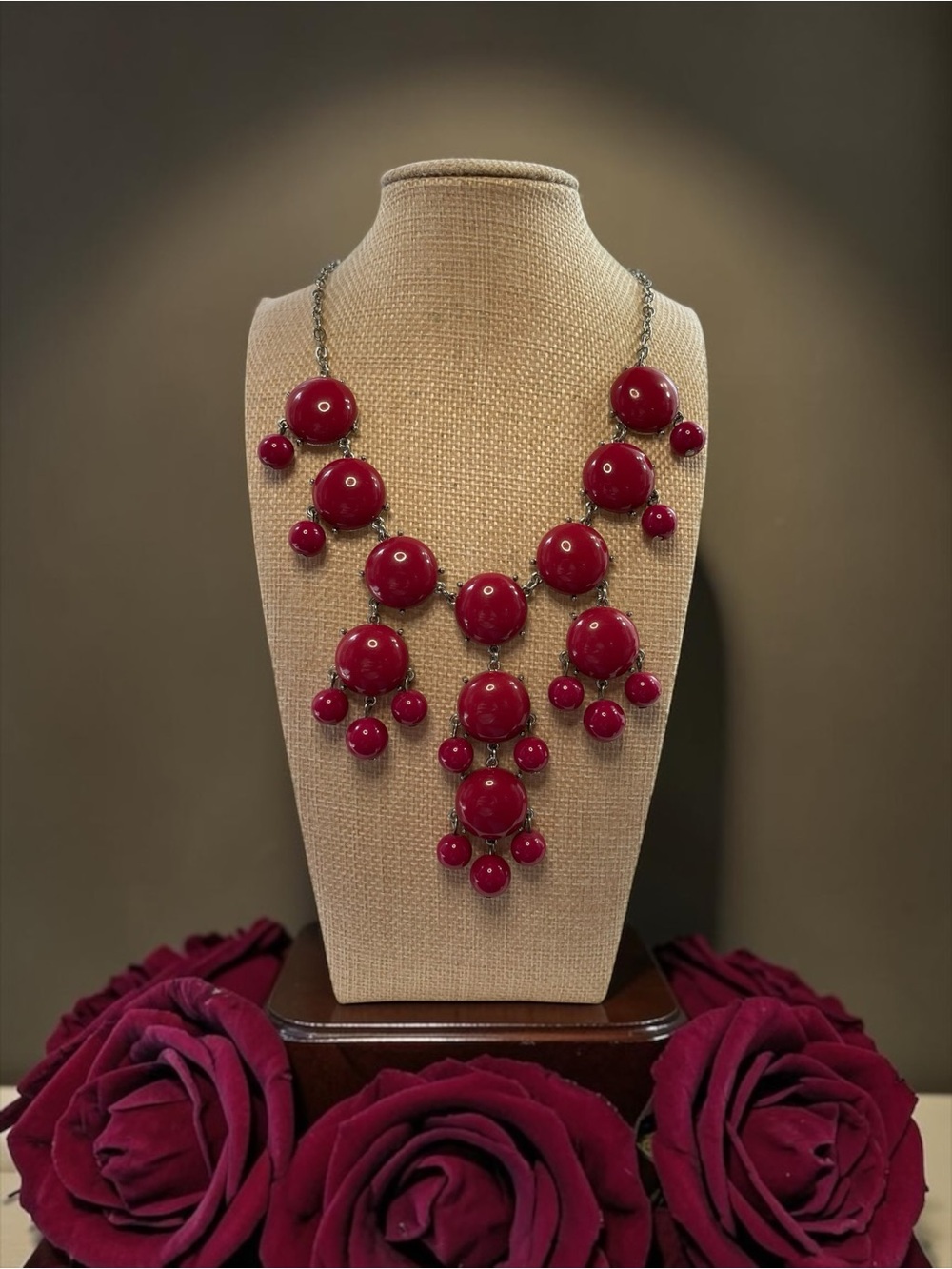 Vibrant Pink Bubble Bib Silver Tone Cascading Chandelier Statement Necklace